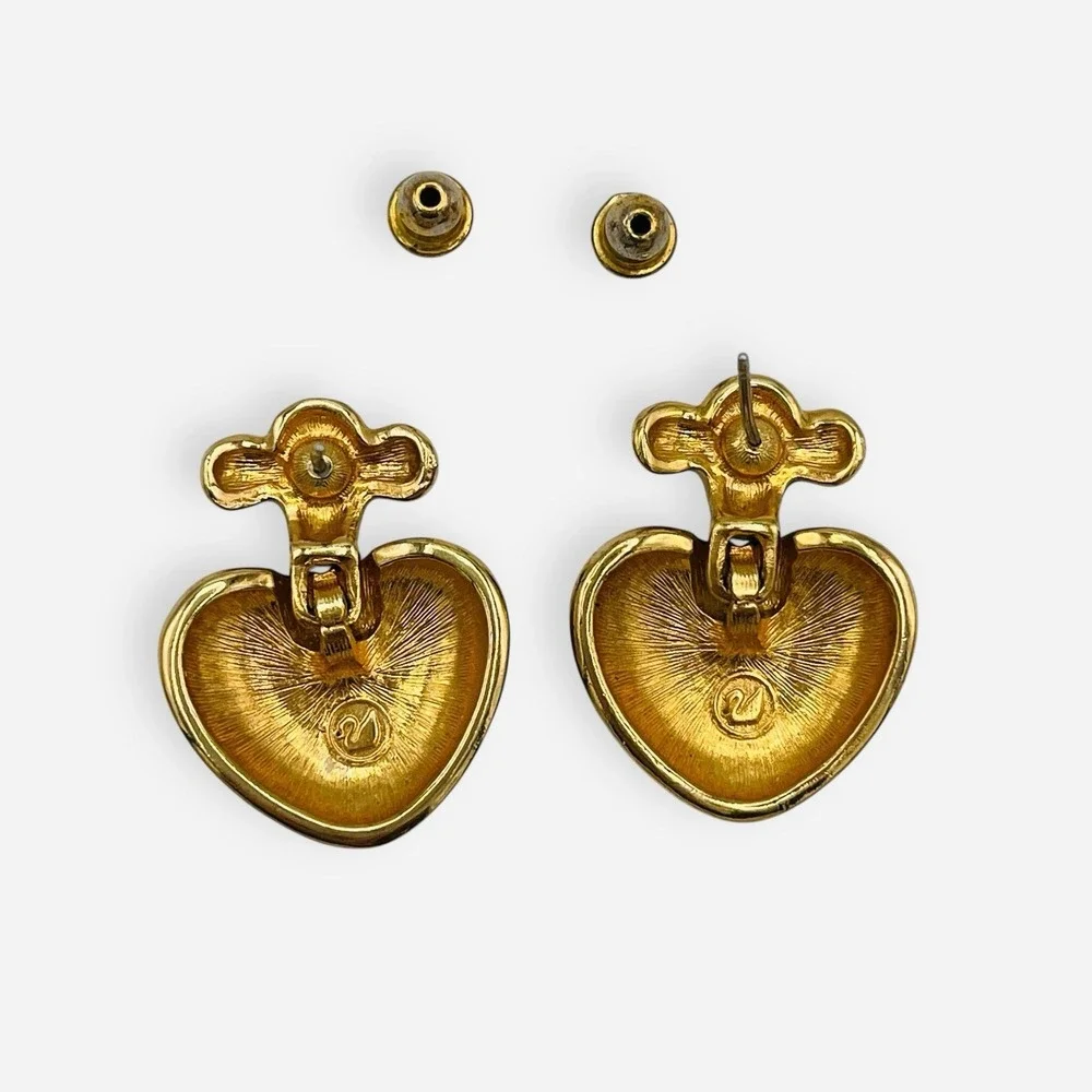 Vintage Swarovski Heart Clip Earrings Crystal Swan Navy‎ Blue Enamel Gold Dangle